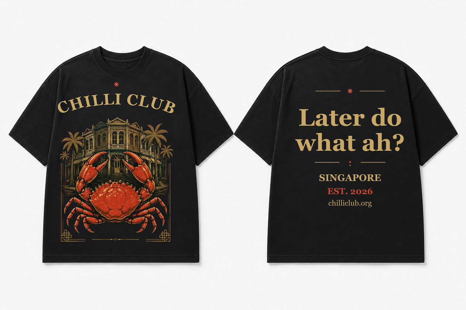 Chilli Club approved shirt featuring a crab and Joo Chiat shophouse
